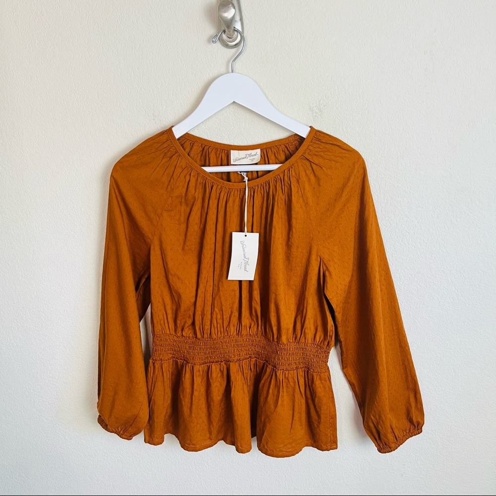 NWT Universal Thread Rust Peplum Linen Bishop 3/4 Sleeve Blouse Top - Picture 1 of 15